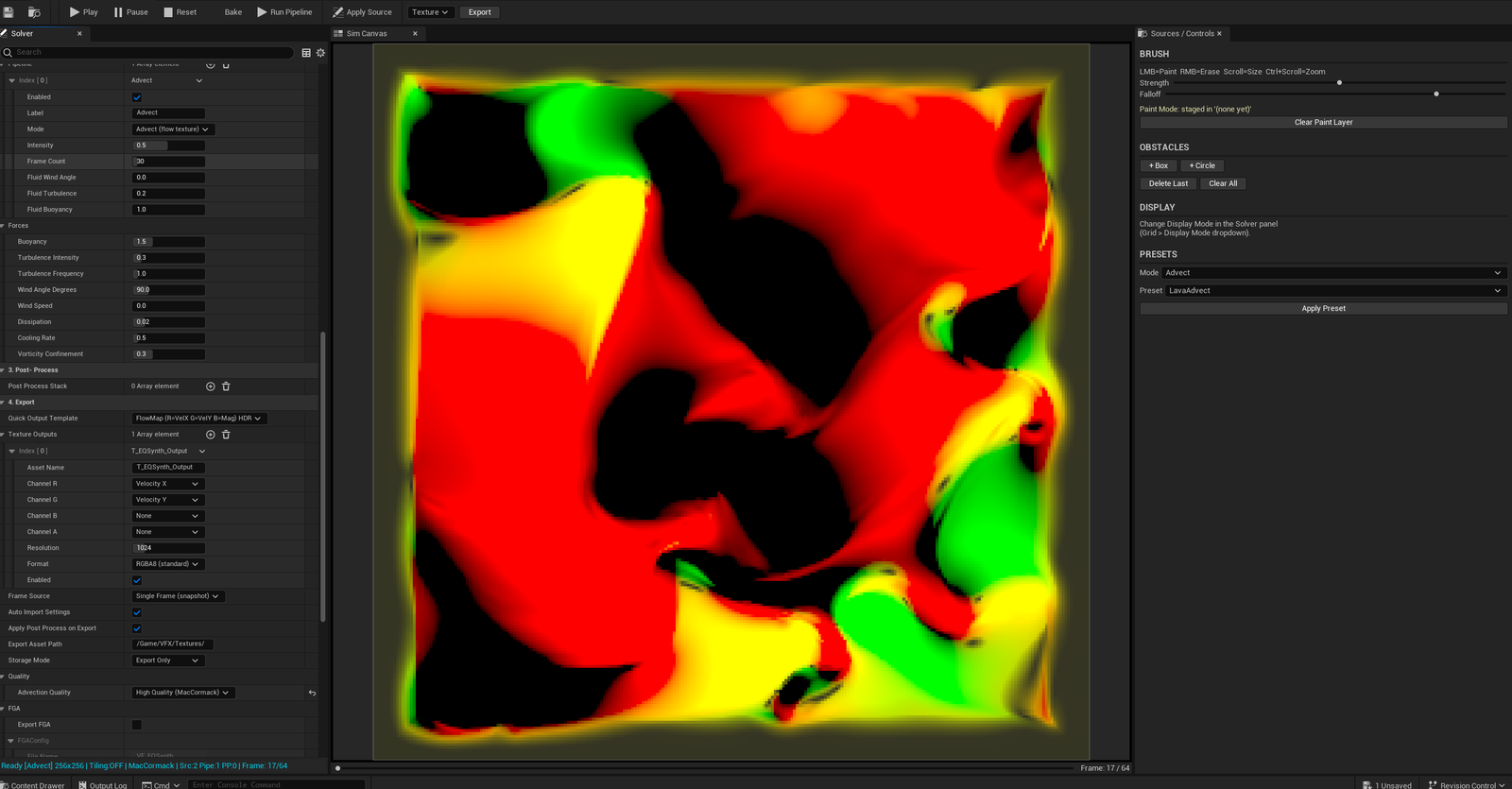 Screenshot 01 — Hero shot — EQSynth Lab open with a baked simulation visible on the canvas, source stack and pipeline panels populated, status bar showing FPS + VRAM.